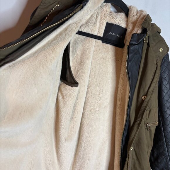 Zara Olive Green Coat with Quilted Faux Leather Sleeves - Removable lining - Picture 5 of 7